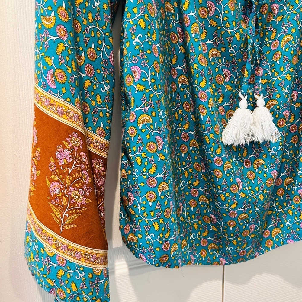 Boho Teal Floral Peasant Blouse Tassel Tie Rust Border Sleeves Size M - Picture 5 of 7